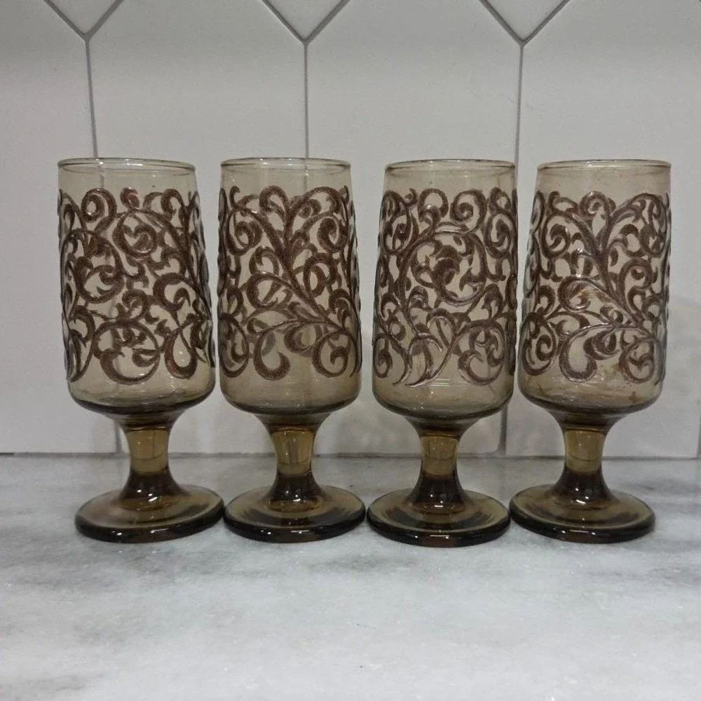 Libbey Prado Tawny Brown Juice Glasses, Set of 4, Vintage‎ Footed Stemware